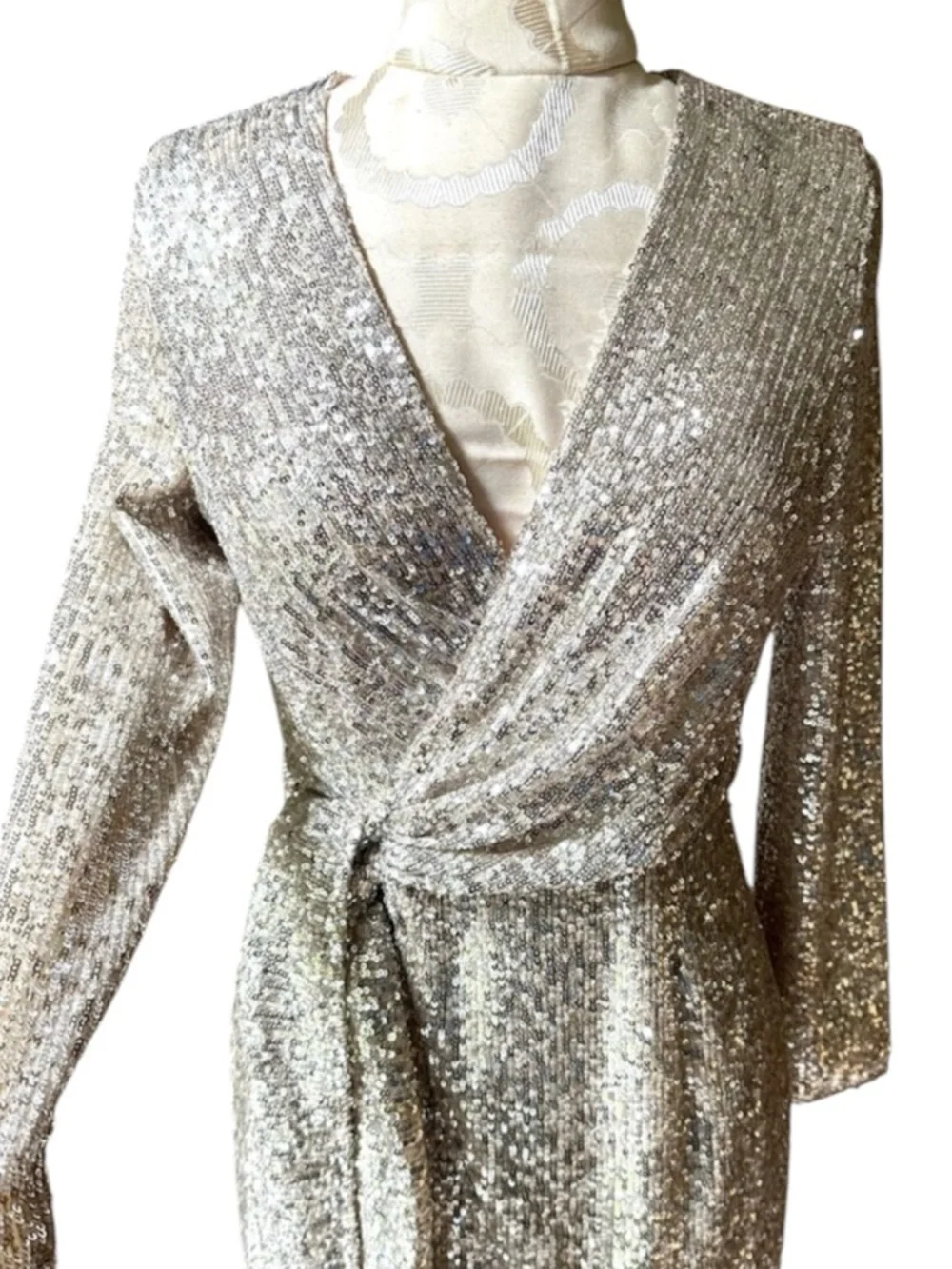 Resa Cher Maxi Wrap Dress Silver Sequins Excellent Size S - Picture 5 of 11